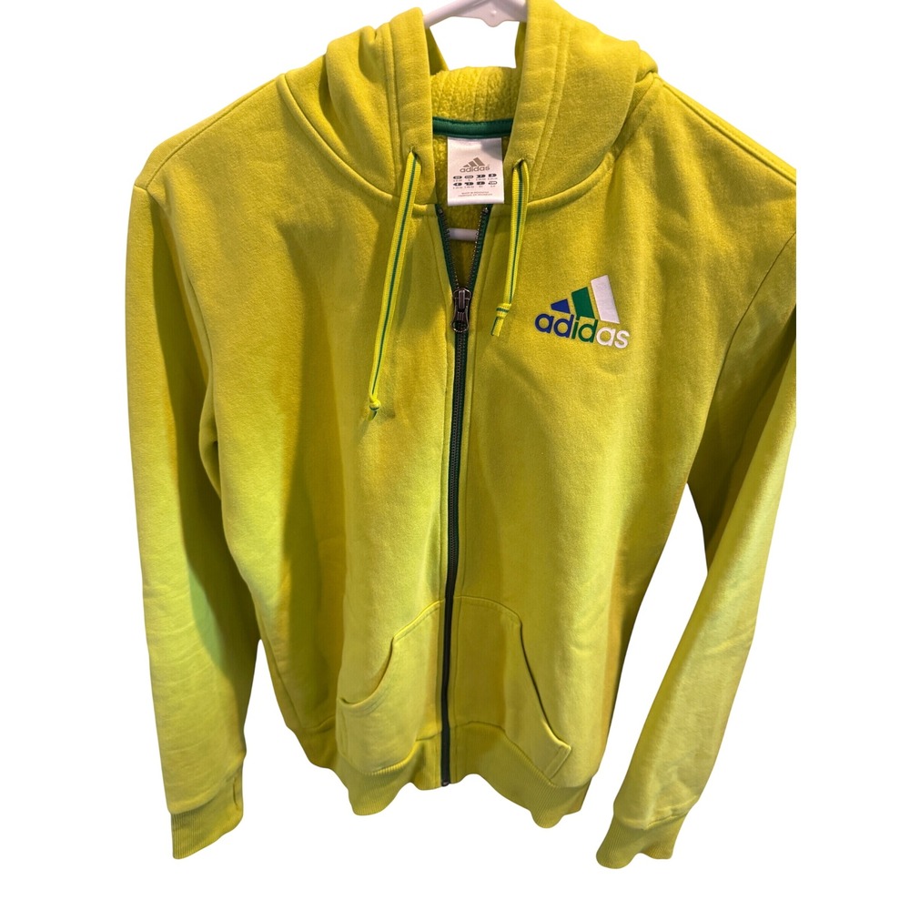 Adidas Full Zip Hoodie Lime Yellow Green Stripes Fleece Sweatshirt Mens Small